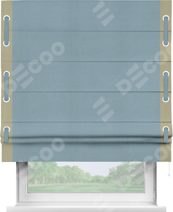 Римская штора «Кортин» с кантом Стрим Дуо (люверсы с пояском), для проема, ткань блэкаут однотонный серо-голубой