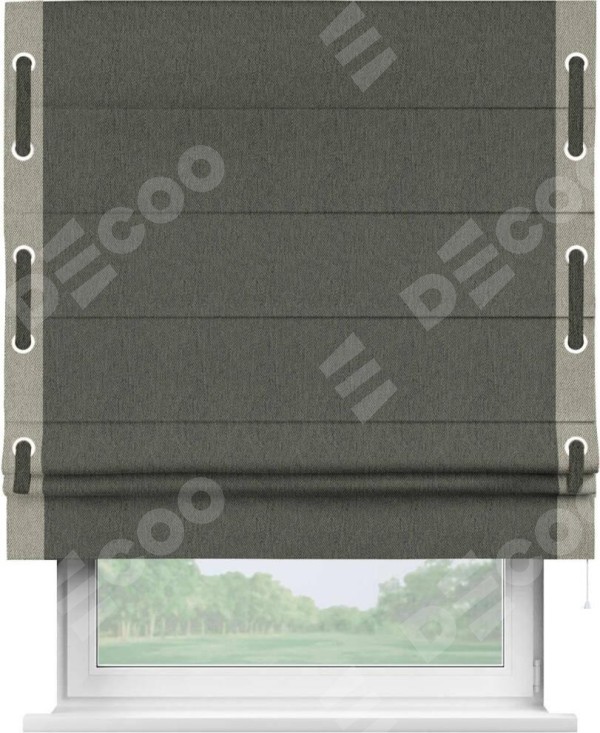 Римская штора «Кортин» с кантом Стрим Дуо (люверсы с пояском), для проема, ткань твид блэкаут, тёмно-серый