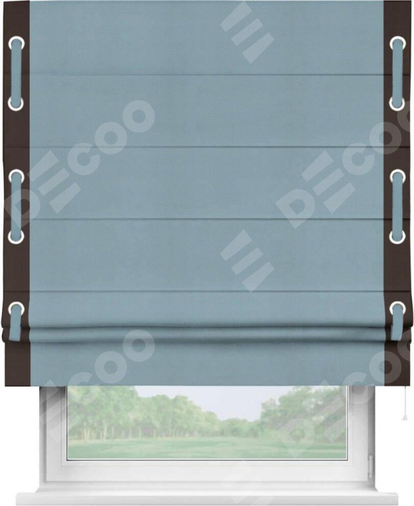 Римская штора «Кортин» с кантом Стрим Дуо (люверсы с пояском), для проема, ткань блэкаут однотонный серо-голубой