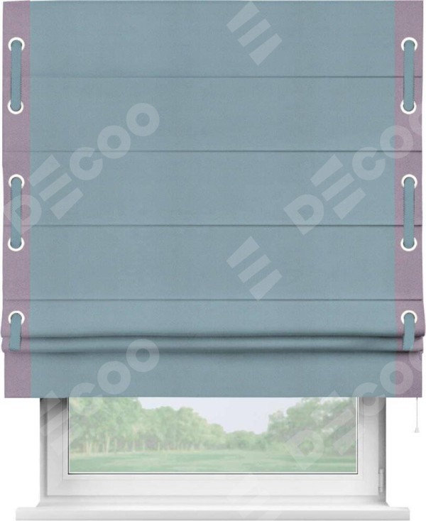 Римская штора «Кортин» с кантом Стрим Дуо (люверсы с пояском), для проема, ткань блэкаут однотонный серо-голубой