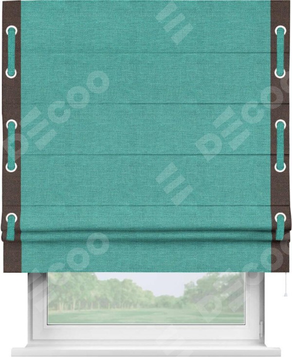 Римская штора «Кортин» с кантом Стрим Дуо (люверсы с пояском), для проема, ткань лён изумрудный