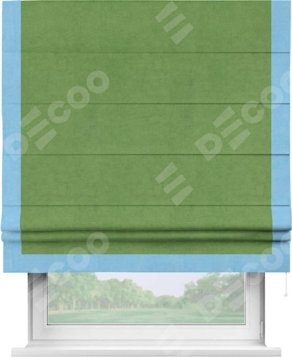Римская штора «Кортин» с кантом Виктория, для проема, ткань вельвет салатовый