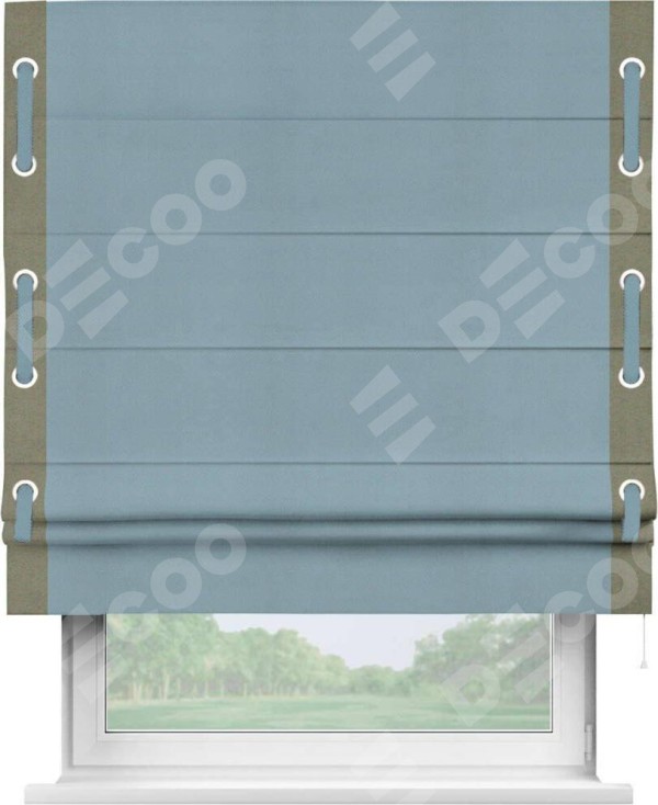 Римская штора «Кортин» с кантом Стрим Дуо (люверсы с пояском), для проема, ткань блэкаут однотонный серо-голубой