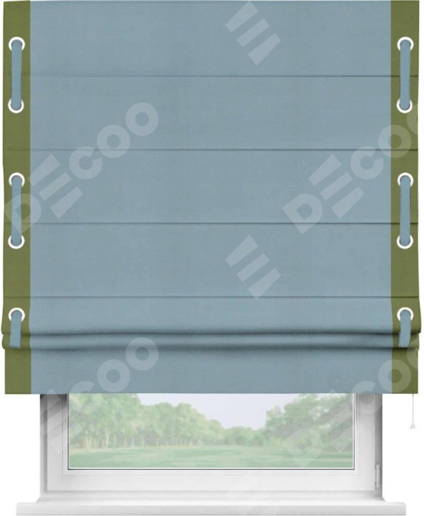 Римская штора «Кортин» с кантом Стрим Дуо (люверсы с пояском), для проема, ткань блэкаут однотонный серо-голубой