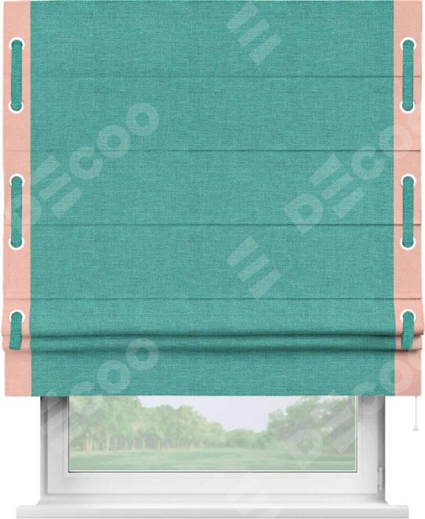 Римская штора «Кортин» с кантом Стрим Дуо (люверсы с пояском), для проема, ткань лён изумрудный