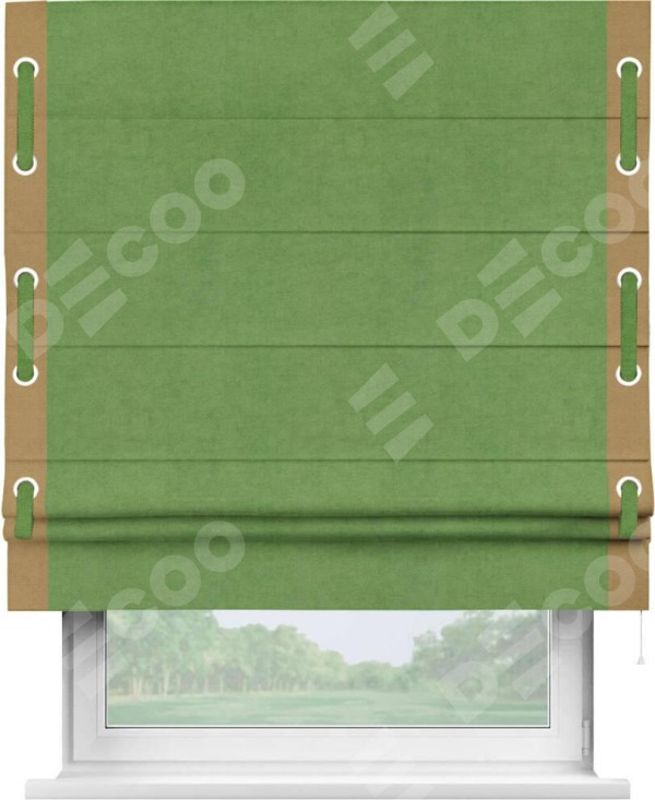 Римская штора «Кортин» с кантом Стрим Дуо (люверсы с пояском), для проема, ткань вельвет салатовый