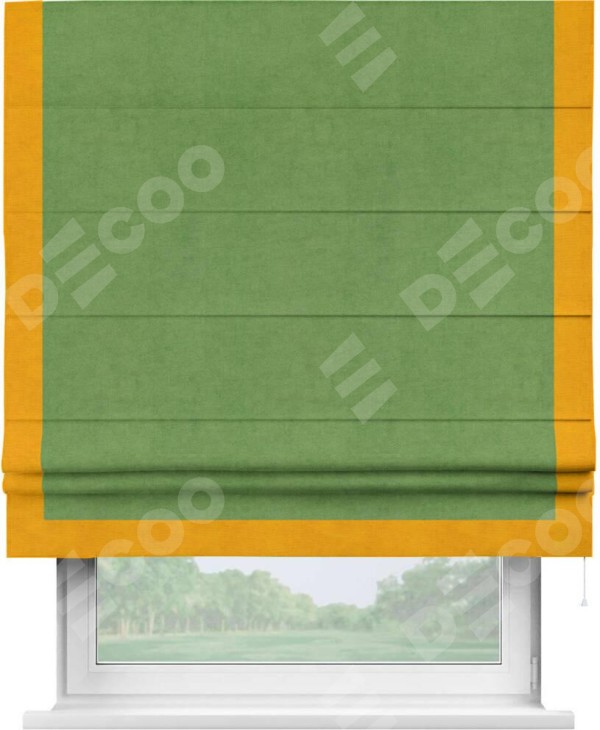 Римская штора «Кортин» с кантом Виктория, для проема, ткань вельвет салатовый