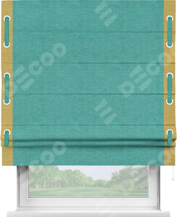 Римская штора «Кортин» с кантом Стрим Дуо (люверсы с пояском), для проема, ткань лён изумрудный