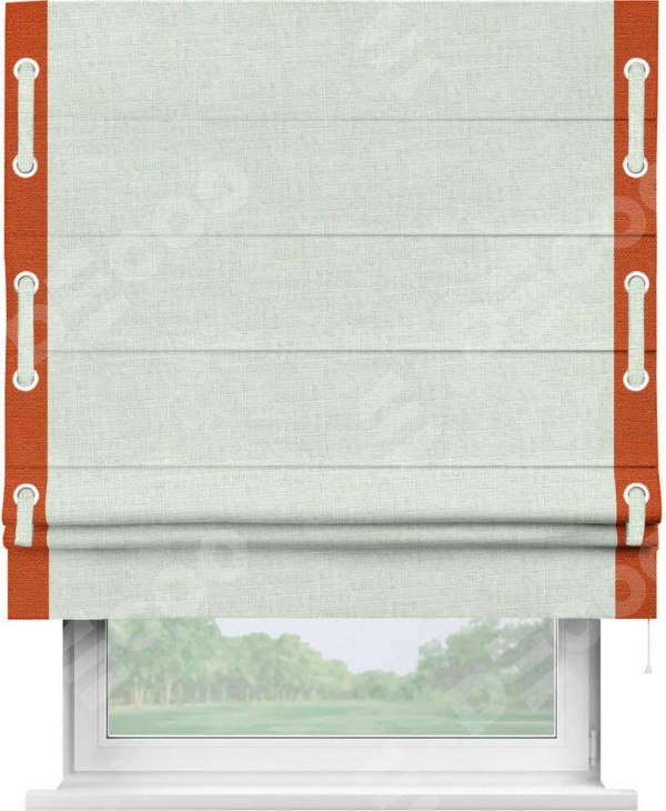 Римская штора «Кортин» для проёма, лён топлёное молоко, с кантом Стрим Дуо (люверсы с пояском)