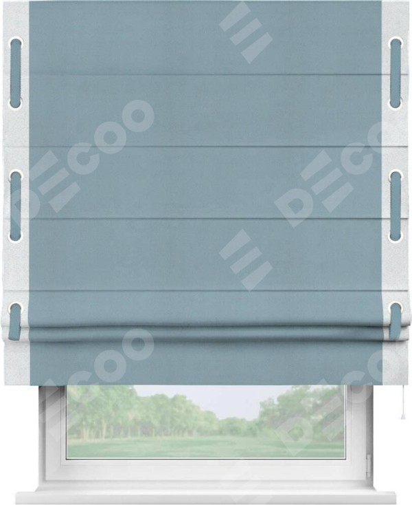 Римская штора «Кортин» с кантом Стрим Дуо (люверсы с пояском), для проема, ткань блэкаут однотонный серо-голубой