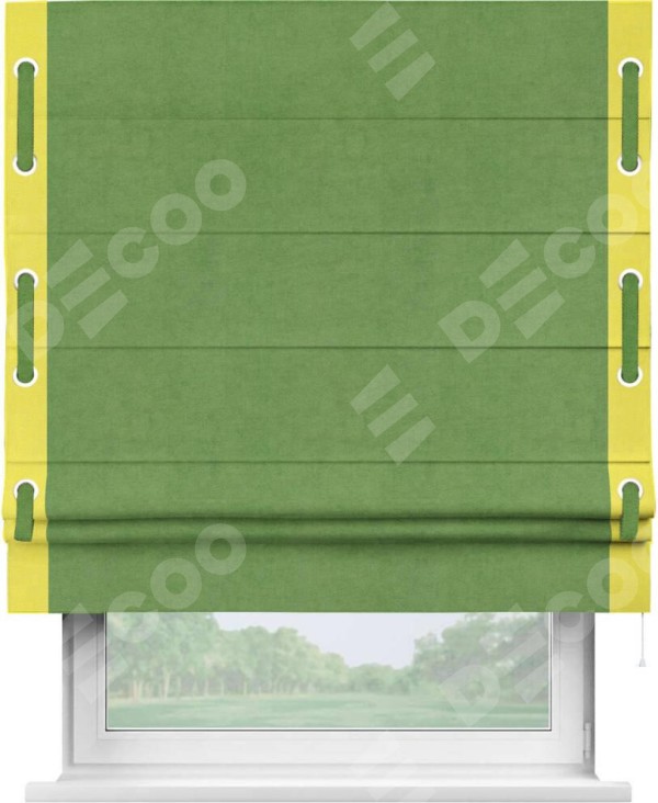Римская штора «Кортин» с кантом Стрим Дуо (люверсы с пояском), для проема, ткань вельвет салатовый