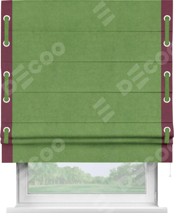 Римская штора «Кортин» с кантом Стрим Дуо (люверсы с пояском), для проема, ткань вельвет салатовый