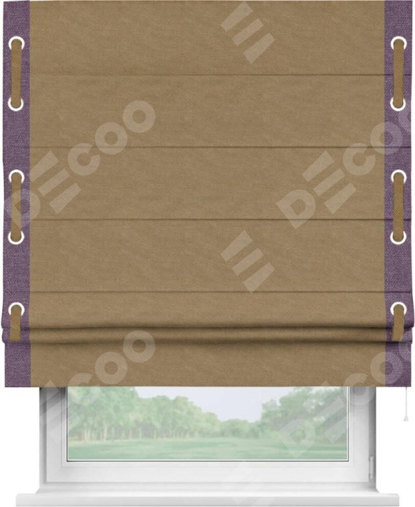 Римская штора «Кортин» с кантом Стрим Дуо (люверсы с пояском), для проема, ткань лён димаут, коричневый