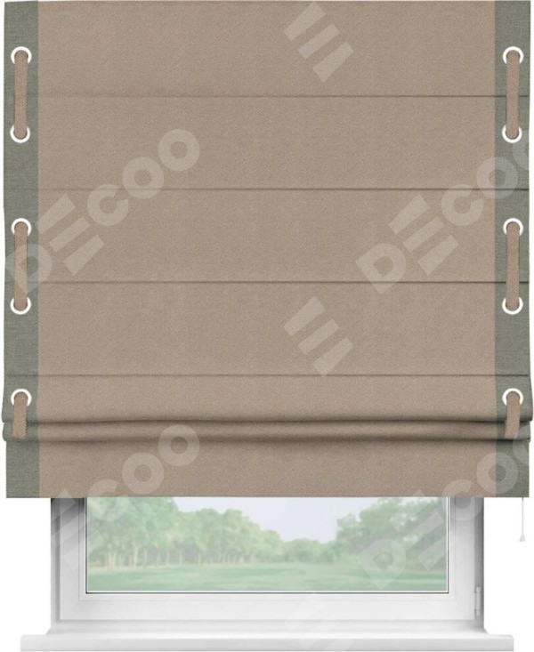Римская штора «Кортин» с кантом Стрим Дуо (люверсы с пояском), для проема, ткань лён димаут, светло-бежевый