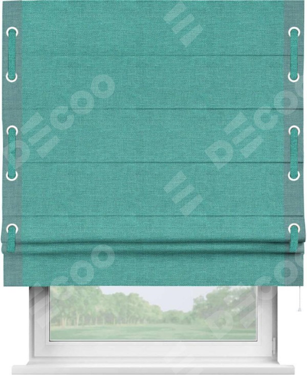 Римская штора «Кортин» с кантом Стрим Дуо (люверсы с пояском), для проема, ткань лён изумрудный