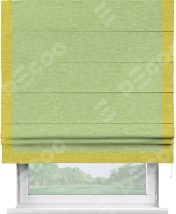 Римская штора «Кортин» с кантом Виктория, для проема, ткань лён зеленый