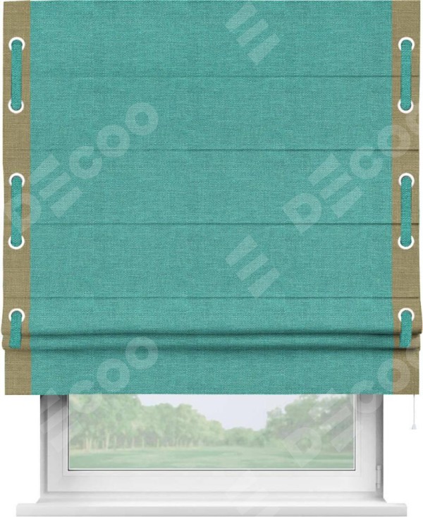 Римская штора «Кортин» с кантом Стрим Дуо (люверсы с пояском), для проема, ткань лён изумрудный