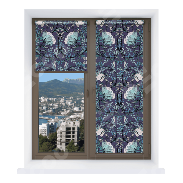 Рулонная штора Мини с принтом Цветочный индиго