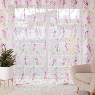 Тюль "Этель" Виноградная лоза (лиловый) без утяжелителя, ширина 135 см, высота 270 см