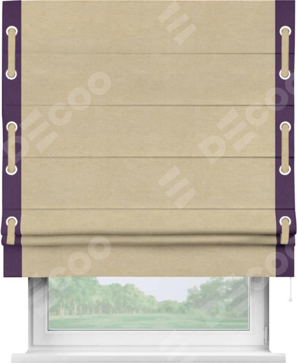 Римская штора «Кортин» с кантом Стрим Дуо (люверсы с пояском), для проема, ткань вельвет бежевый