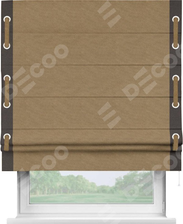 Римская штора «Кортин» с кантом Стрим Дуо (люверсы с пояском), для проема, ткань лён димаут, коричневый