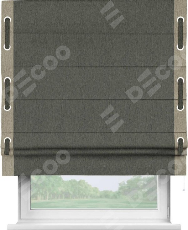 Римская штора «Кортин» с кантом Стрим Дуо (люверсы с пояском), для проема, ткань твид блэкаут, тёмно-серый