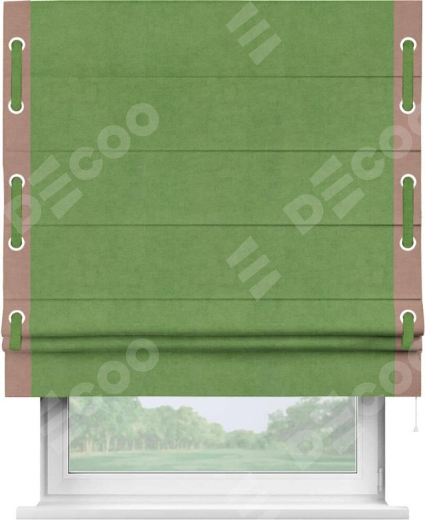 Римская штора «Кортин» с кантом Стрим Дуо (люверсы с пояском), для проема, ткань вельвет салатовый