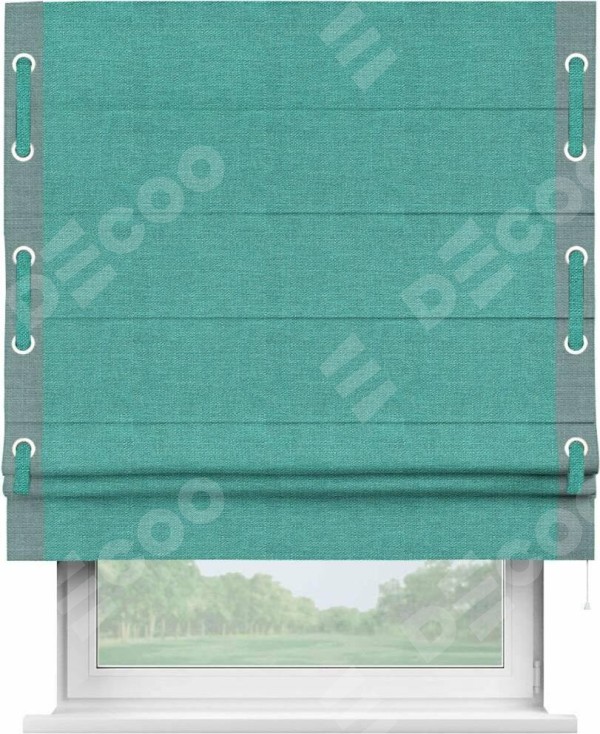 Римская штора «Кортин» с кантом Стрим Дуо (люверсы с пояском), для проема, ткань лён изумрудный