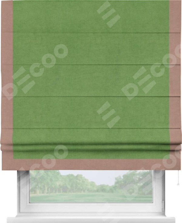 Римская штора «Кортин» с кантом Виктория, для проема, ткань вельвет салатовый