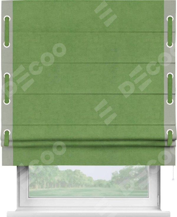 Римская штора «Кортин» с кантом Стрим Дуо (люверсы с пояском), для проема, ткань вельвет салатовый
