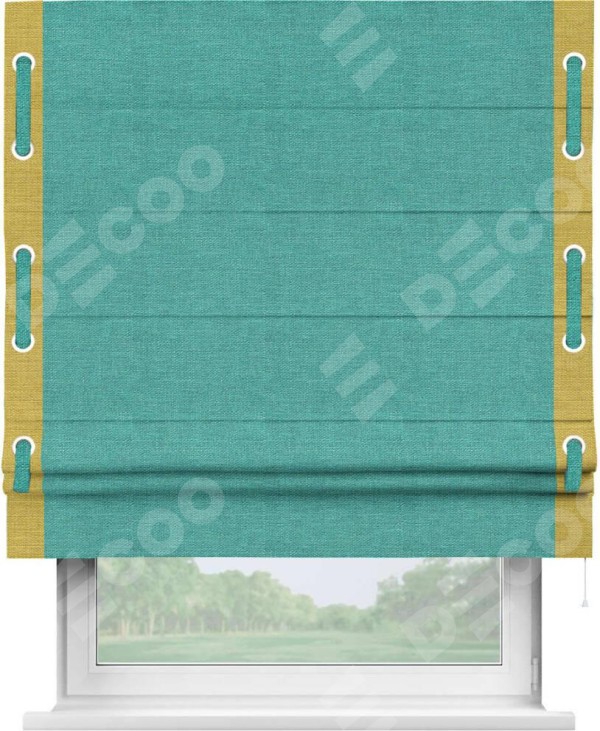 Римская штора «Кортин» с кантом Стрим Дуо (люверсы с пояском), для проема, ткань лён изумрудный
