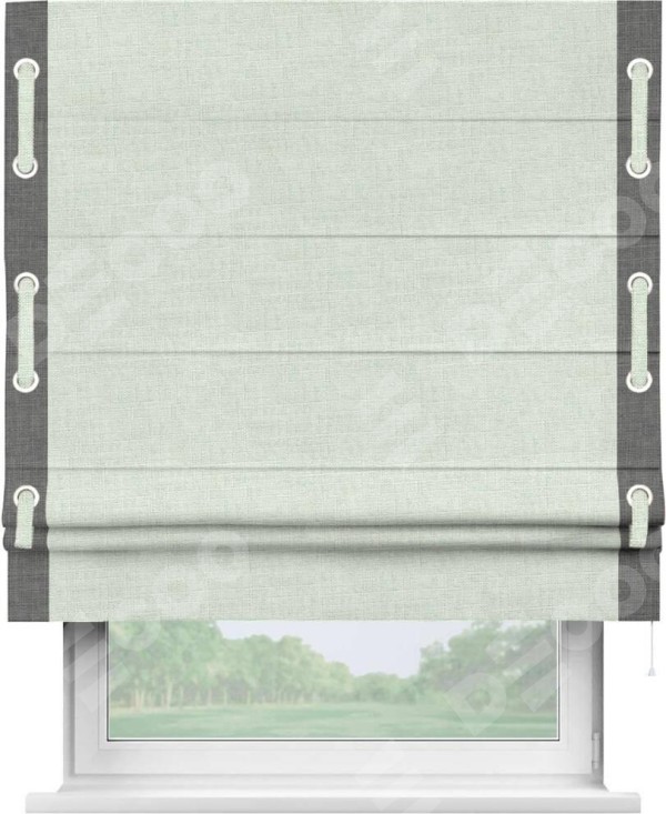Римская штора «Кортин» для проёма, лён топлёное молоко, с кантом Стрим Дуо (люверсы с пояском)