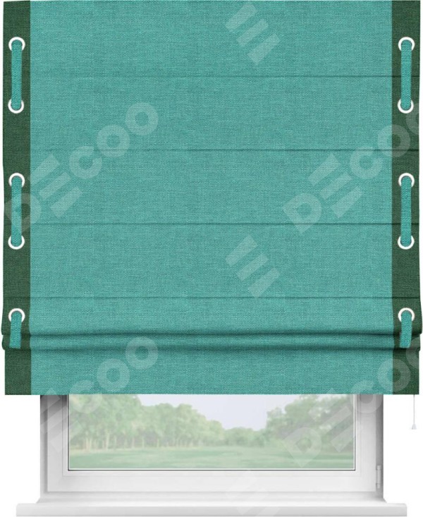 Римская штора «Кортин» с кантом Стрим Дуо (люверсы с пояском), для проема, ткань лён изумрудный